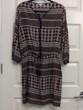 Shoshanna Silk Navy and Coral Patterned Drawstring Tunic Dress